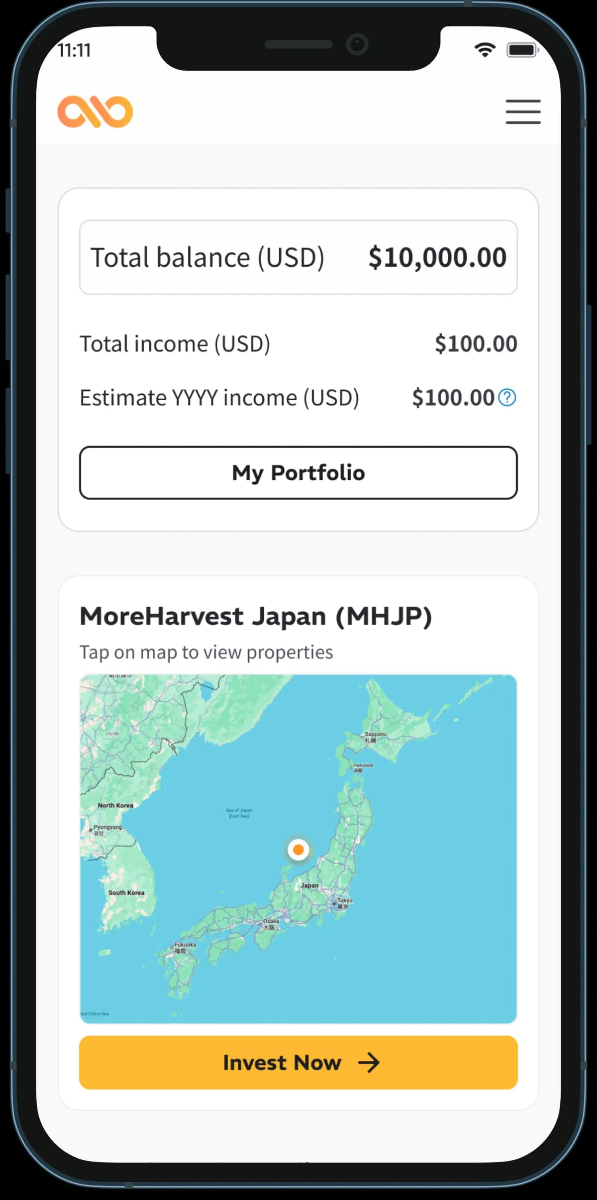 Home dashboard with portfolio balance and Japan property map
